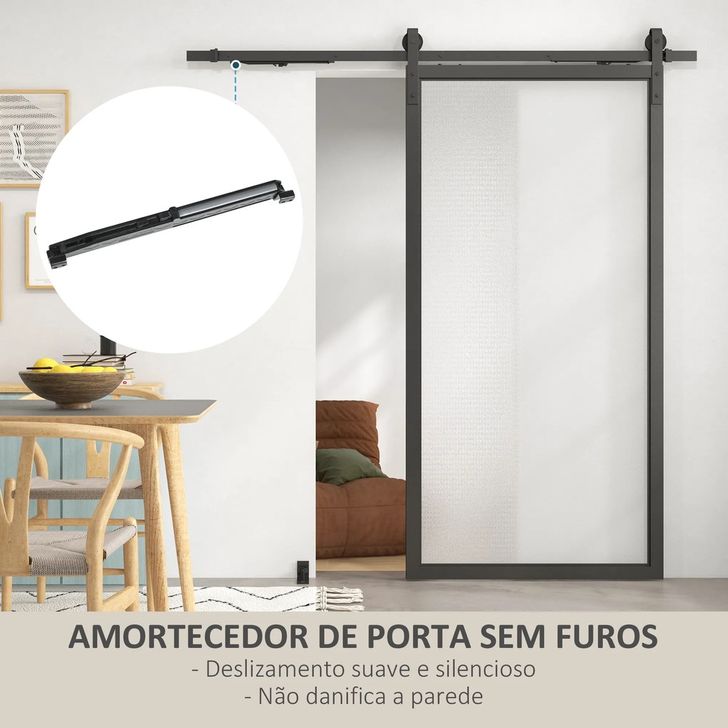 Kit de Ferragens 200cm para Porta Deslizante de Celeiro com Amortecedor Sem Perfuração e 2 Trilhos Preto