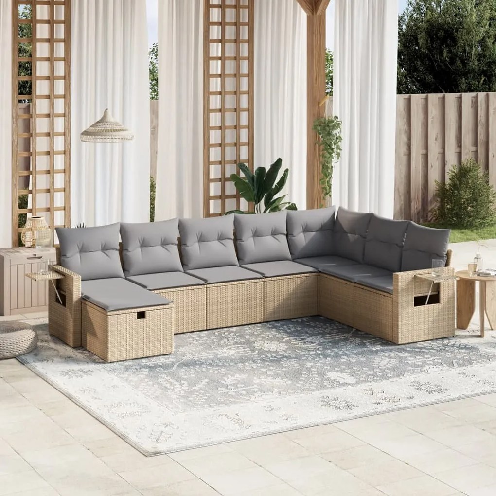 8 pcs conj. sofás jardim c/ almofadões vime PE bege misturado