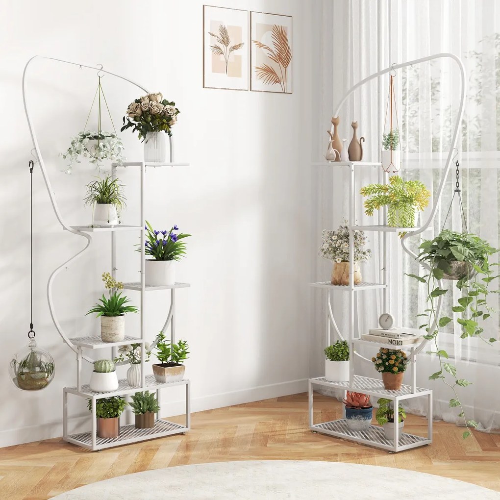 Suporte para plantas de metal com 6 níveis, 12 prateleiras de malha metálica e 4 ganchos branca