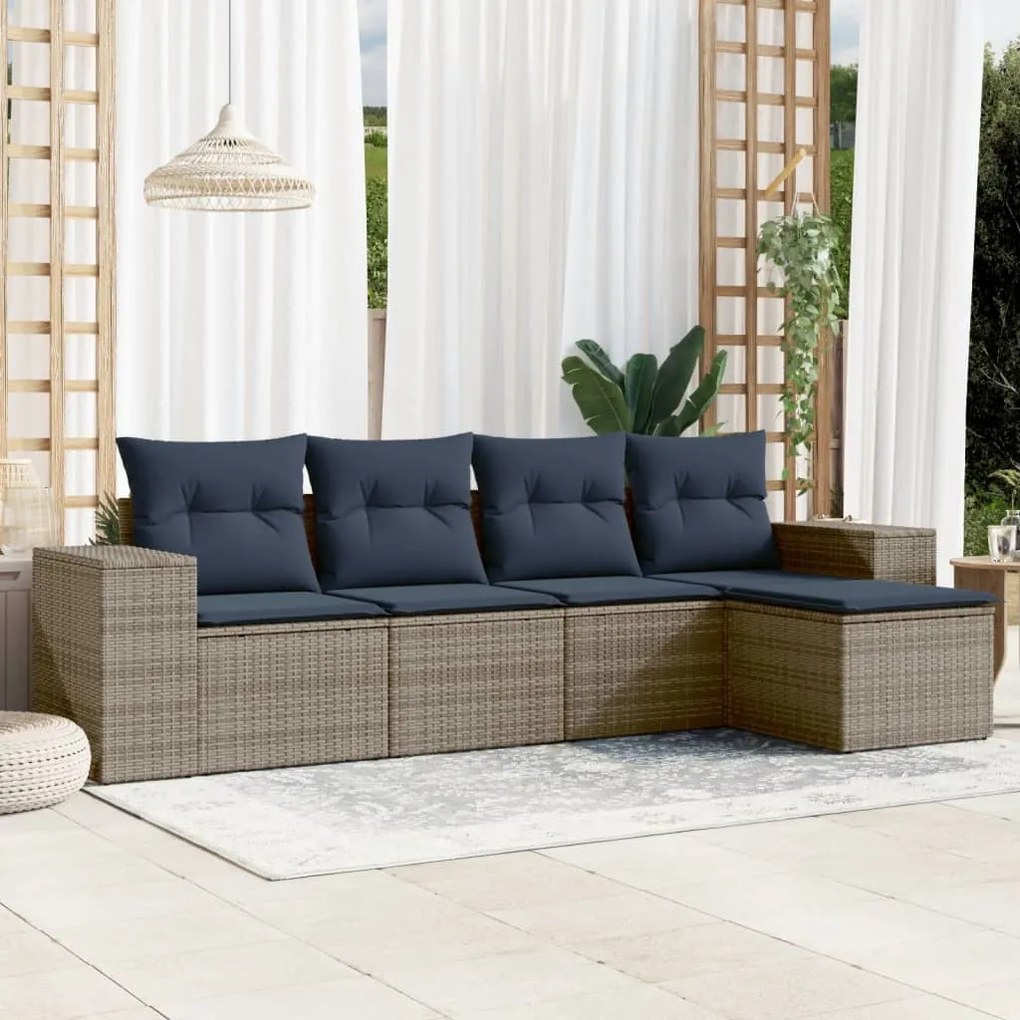 vidaXL 5 pcs conjunto sofás p/ jardim c/ almofadões vime PE cinzento