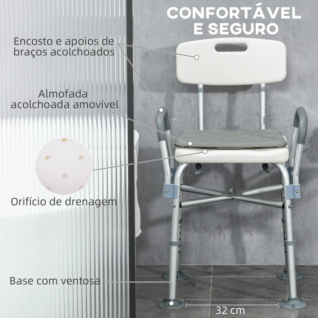 Cadeira de Duche para Idosos com Encosto Apoios de Braço Altura Ajustável Almofada Acolchoada Removível 53,5x52x80-90 cm Branco