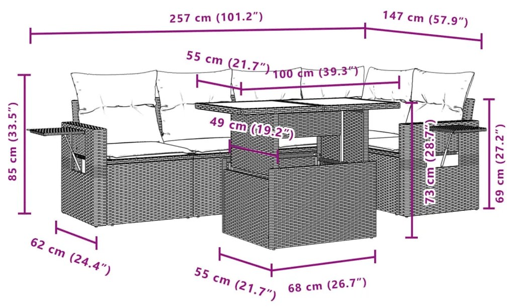 6 pcs conj. sofás jardim com almofadões vime PE cinzento-claro