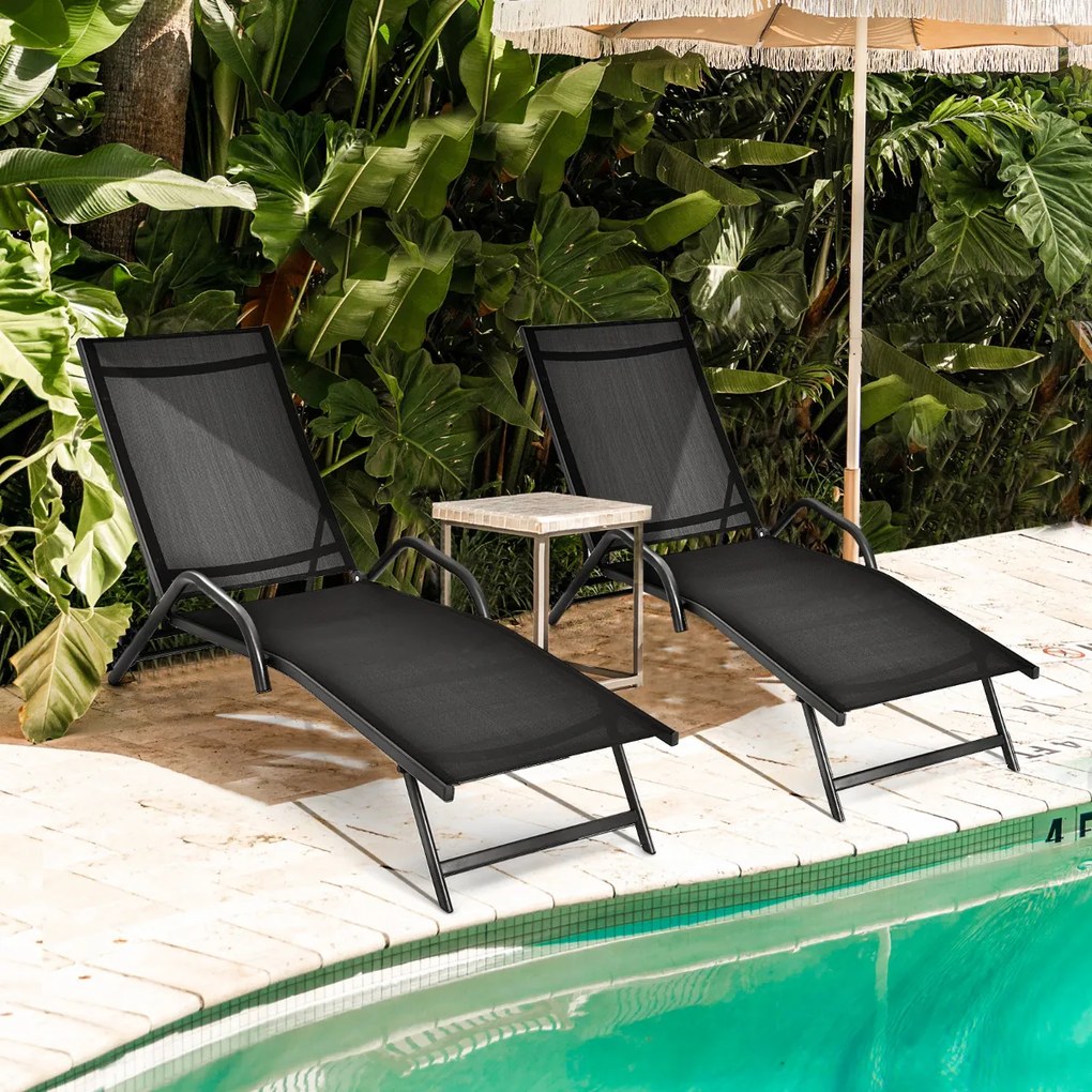 Conjunto de 2 espreguiçadeiras de jardim Reclináveis Ajustáveis em 5 Posições Assento Respirável para Pátio Jardim Piscina Preto