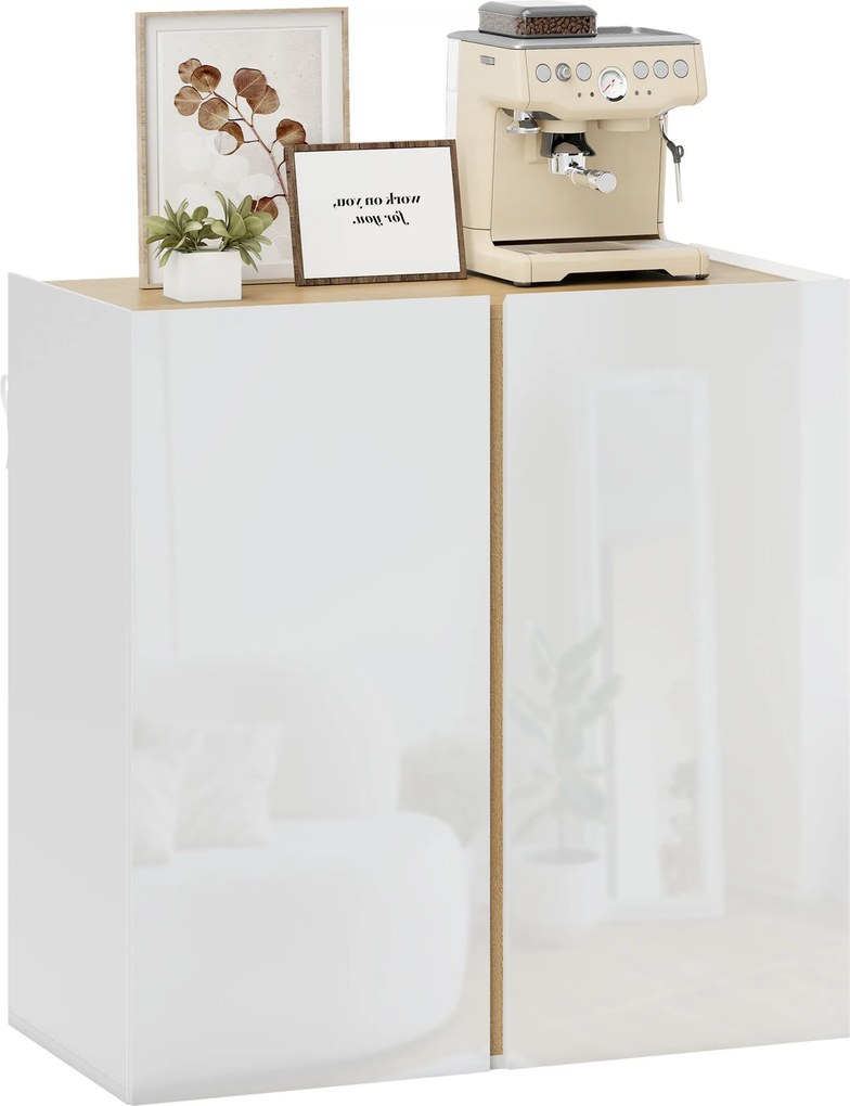 Aparador de alto brilho, móvel de arrumação com 2 portas com fecho amortecido e prateleira ajustável, 80 x 40 x 80 cm, branco