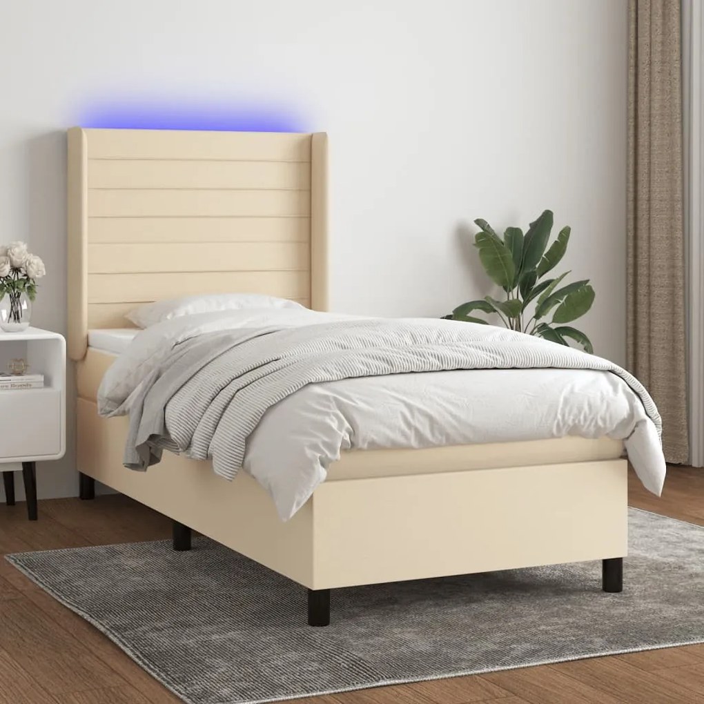 Cama box spring c/ colchão e LED 100x200 cm tecido cor creme