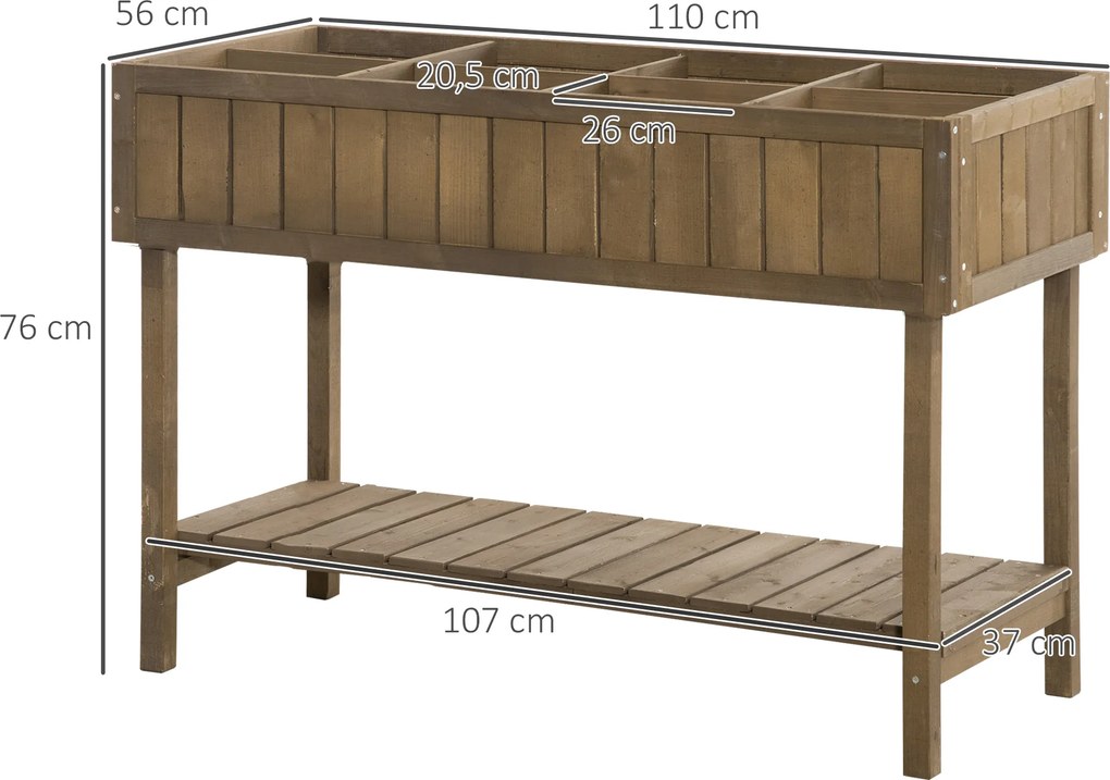 Floreira com pés, para horta, com prateleiras,110 x 46 x 76 cm, 8 compartimentos, sistemas de irrigação integrados, madeira de abeto castanha