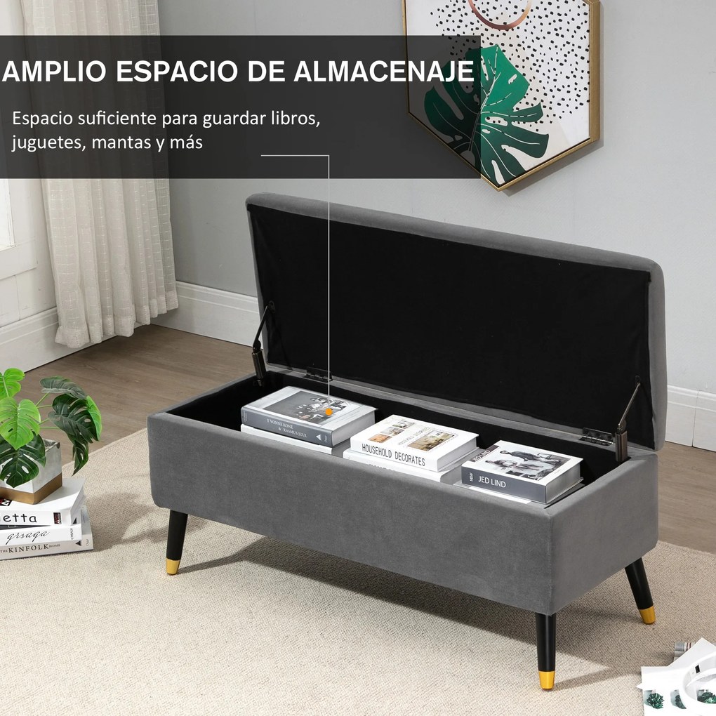 HOMCOM Banco de Armazenamento com Tampa Puff Estofado em Veludo com Assento Acolchoado e Pés de Madeira para Dormitório Entrada 110x43x45cm Cinza
