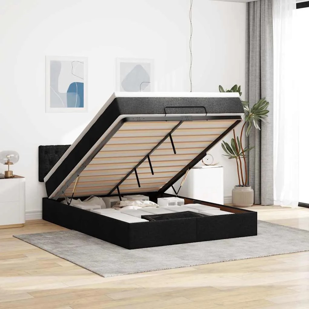 vidaXL Cama otomana com colchão 140x200 cm tecido preto