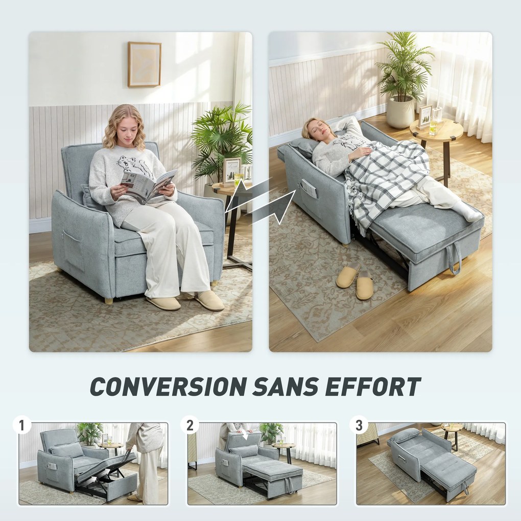 Poltrona convertível de 1 lugar 3 em 1, poltrona-cama clic-clac em tecido chenille, assento largo e encosto ajustável, 88x84x87 cm, cinzento