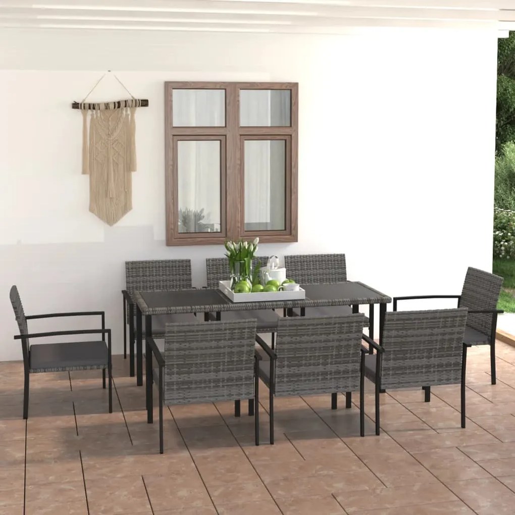 vidaXL 9 pcs conjunto de jantar para jardim vime PE cinzento
