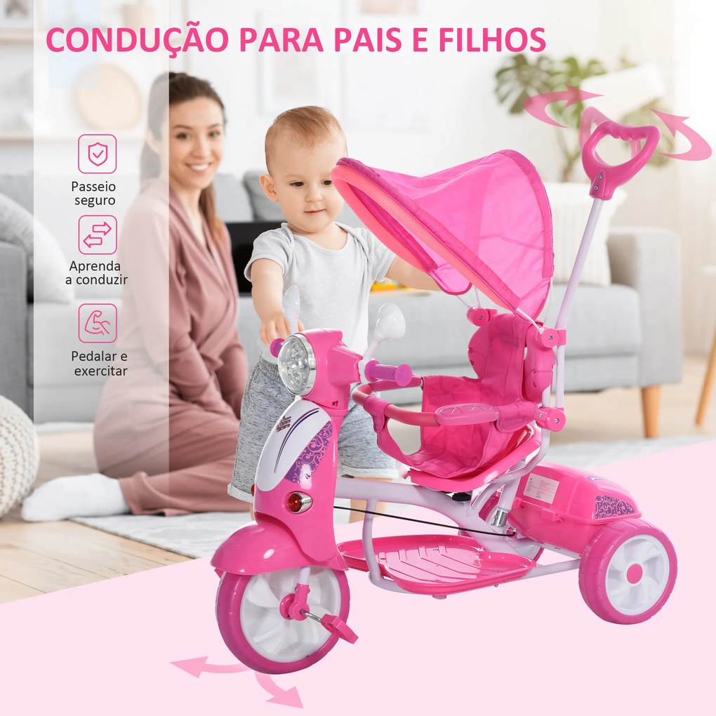 HOMCOM Triciclo para crianças acima de 3 anos Triciclo evolutivo dobrável com funções de luz e música Toldo Forma DE Motocicleta 102x48x96 cm Rosa