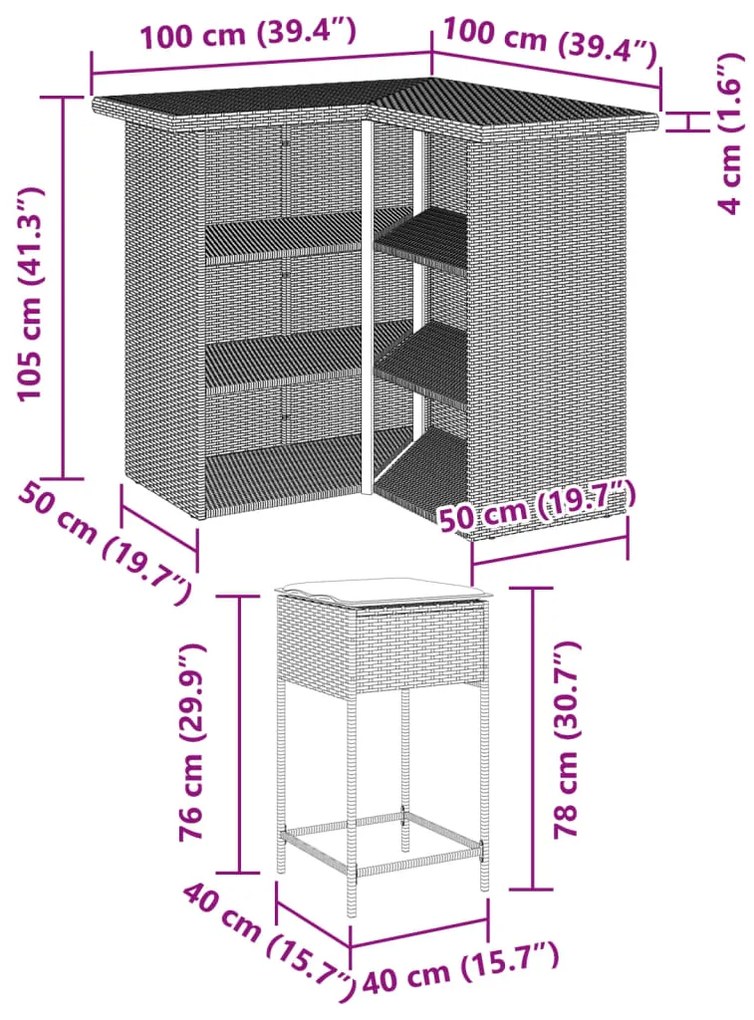 5 pcs conjunto de bar p/ jardim c/ almofadões vime PE cinzento