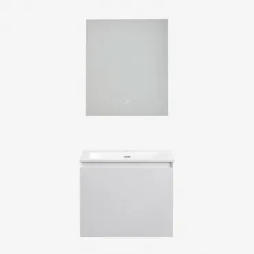 Conjunto De Móvel De Casa De Banho Suspenso Em Madeira Com Lavatório Integrado Macrae Branco & Led Retangular E Anti-embaciamento 60x70 Cm - Sklum
