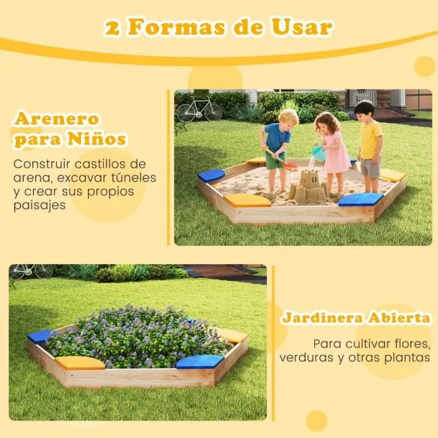 Caixa de areia hexagonal de madeira para crianças 140 x 122 x 14 cm combinada com vaso aberto e 6 assentos para pátio exterior para crianças com mais