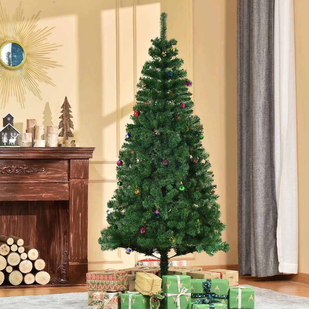 HOMCOM Árvore de Natal Artificial 180cm Ignífugo com 624 Ramos 48 Decorações Folhas de PVC e Suporte Metálico Verde