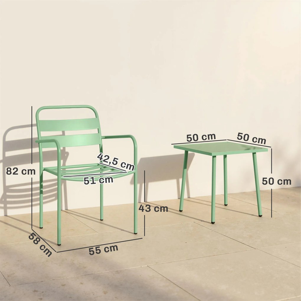 Conjunto de jardim estilo bistrô de 3 peças - mesa baixa em vidro temperado e 2 cadeiras com ripas, estrutura em aço galvanizado, verde