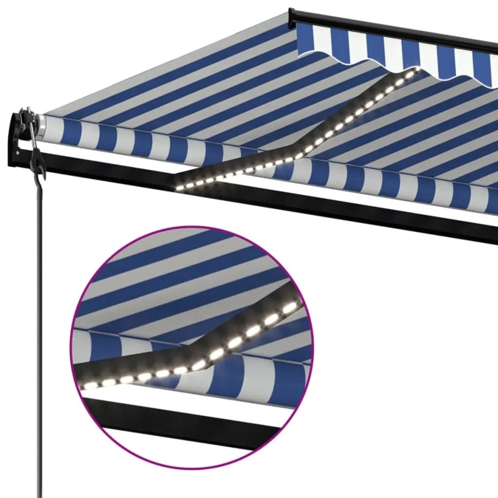 Toldo autom. LED e sensor de vento 400x300 cm azul e branco