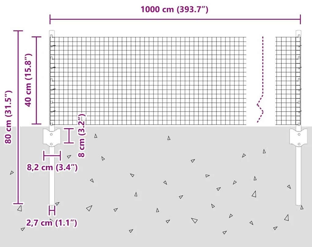 Cerca de Arame Soldado com 5 Postes em U Prateado 0.4x10 m Aço