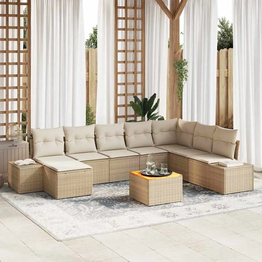 vidaXL Conjunto de Sofá de Jardim 9 Peças com Almofadas Beiges em Rattan Polipropileno e Acácia