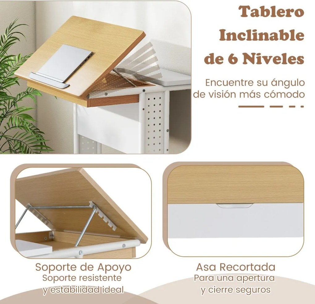 Secretária portátil 60 x 50 x 75-96 cm com rodas e mesa inclinável em 6 posições Compartimento oculto Prateleiras Painéis perfurados em forma de C Nat