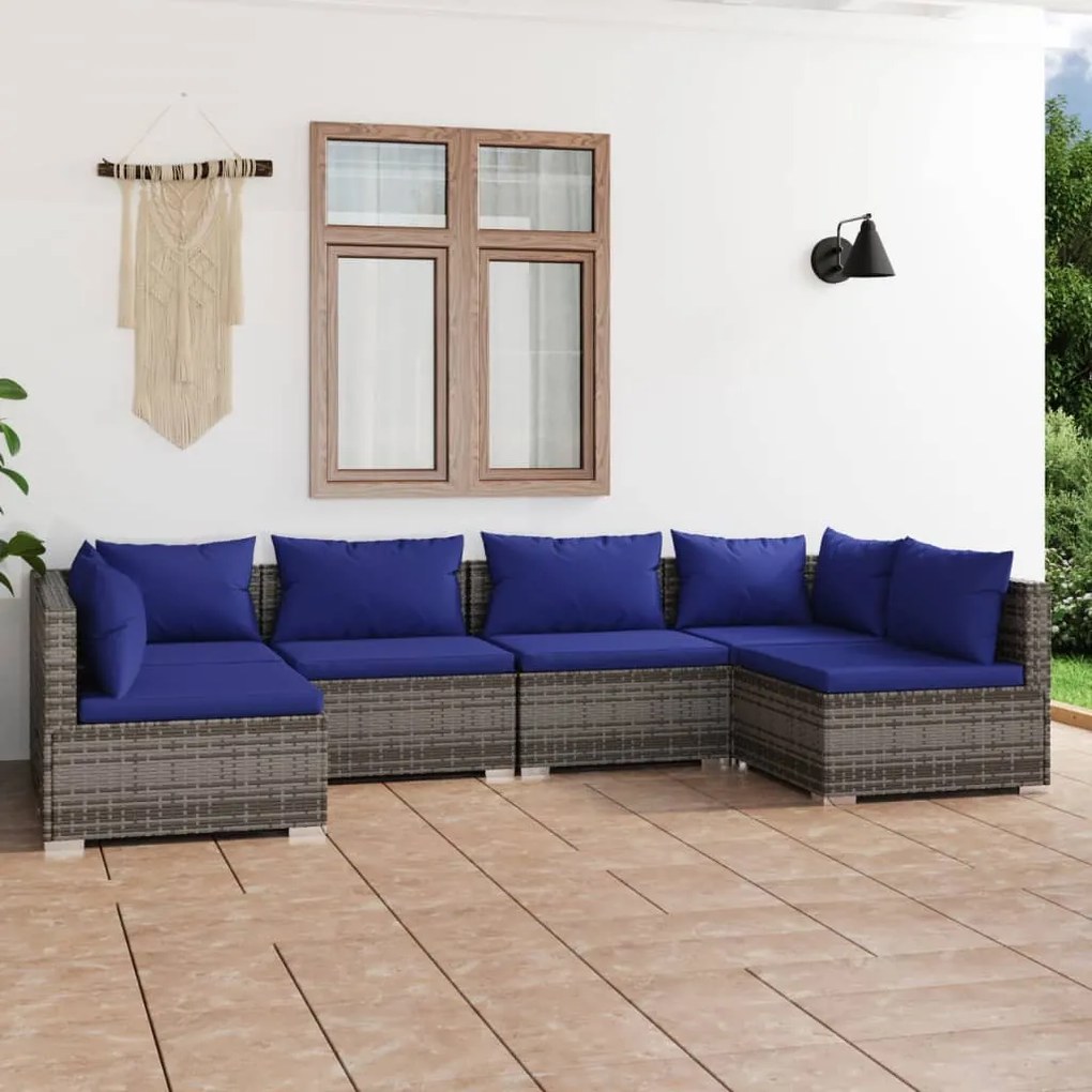 vidaXL 6 pcs conjunto lounge de jardim c/ almofadões vime PE cinzento