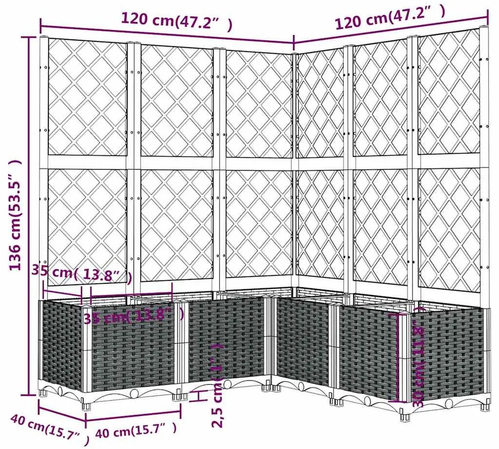 Vaso/floreira jardim c/ treliça 120x120x136 cm PP cinzento azul