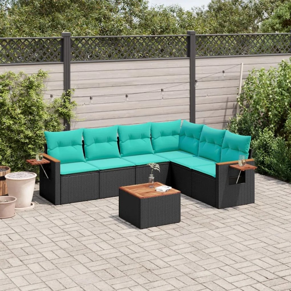 7 pcs conjunto de sofás p/ jardim c/ almofadões vime PE preto