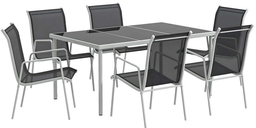 Outsunny Conjunto de Refeição 7 Peças com Mesa de Vidro Temperado e 6 Cadeiras Empilháveis com Apoio para os Braços Preto