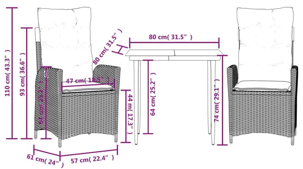 3 pcs conjunto de jantar p/ jardim com almofadões vime PE bege