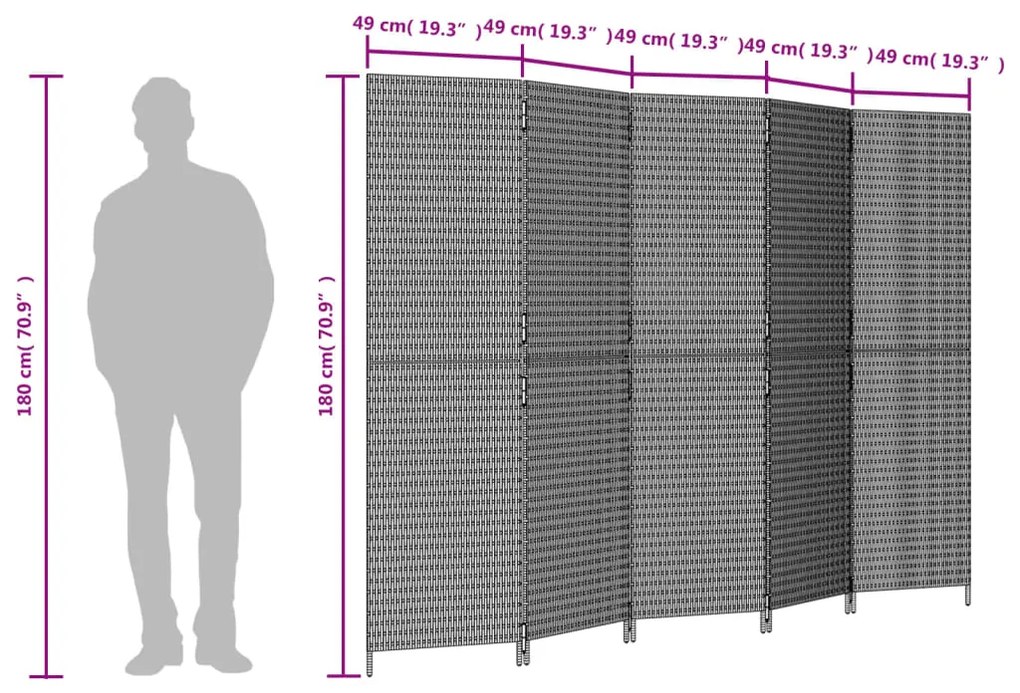 Biombo de divisão 5 painéis vime PE castanho