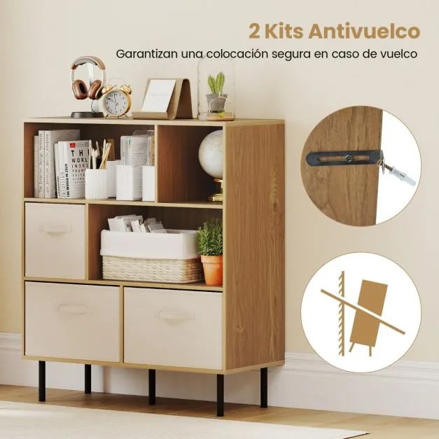 Estante com 6 cubos 90 x 40 x 105 cm e com 3 gavetas de tecido dobráveis e removíveis moderno Natural