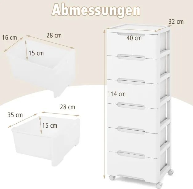 Armário vertical, móvel de arrumação com 7 gavetas 40 x 32 x 114 cm, branco