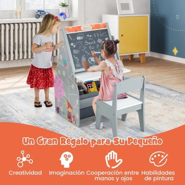 Conjunto de mesa e cadeira para crianças com 2 caixas de tecido removíveis, quadros magnéticos e quadro branco para brincar e desenhar Cinzento