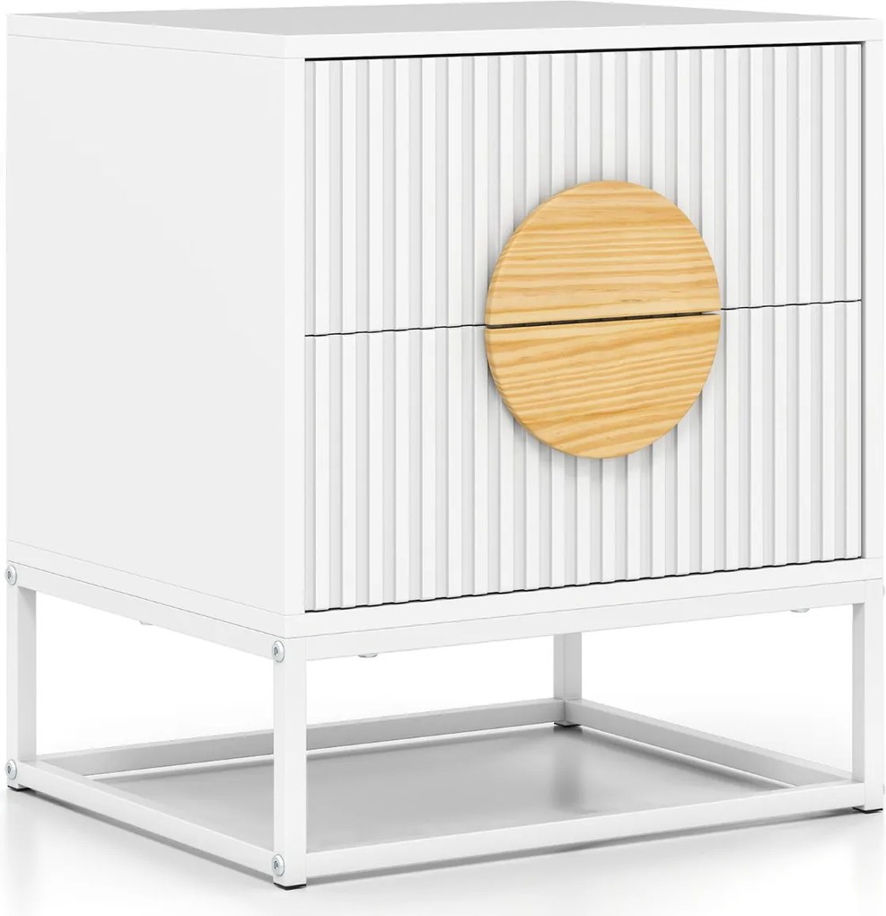 Mesa de cabeceira, mesa apoio 48 x 40 x 55 cm com 2 gavetas com moldura metálica e puxadores em madeira de pinho moderna com design ondulado elegante