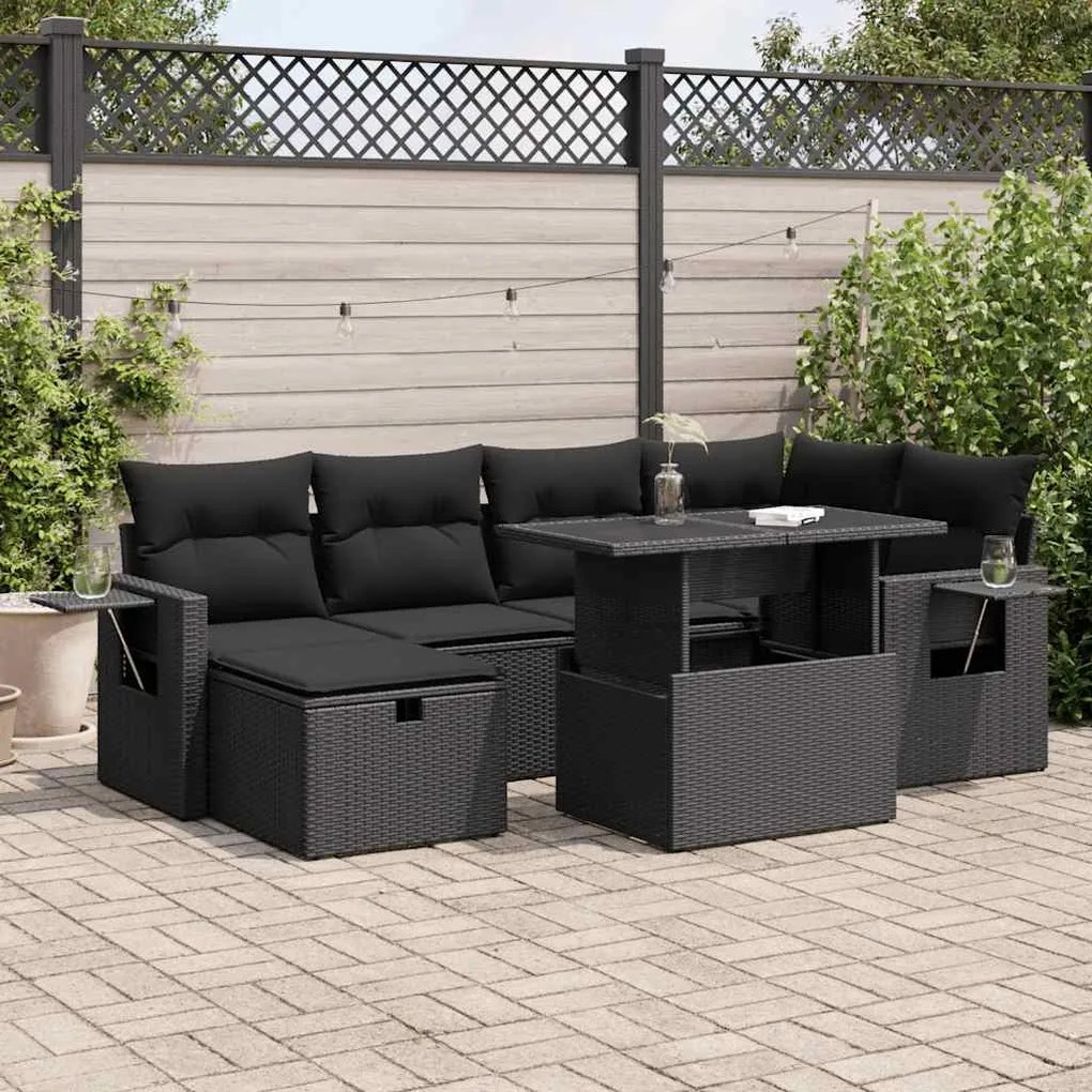 7 pcs conjunto de sofás p/ jardim c/ almofadões vime PE preto