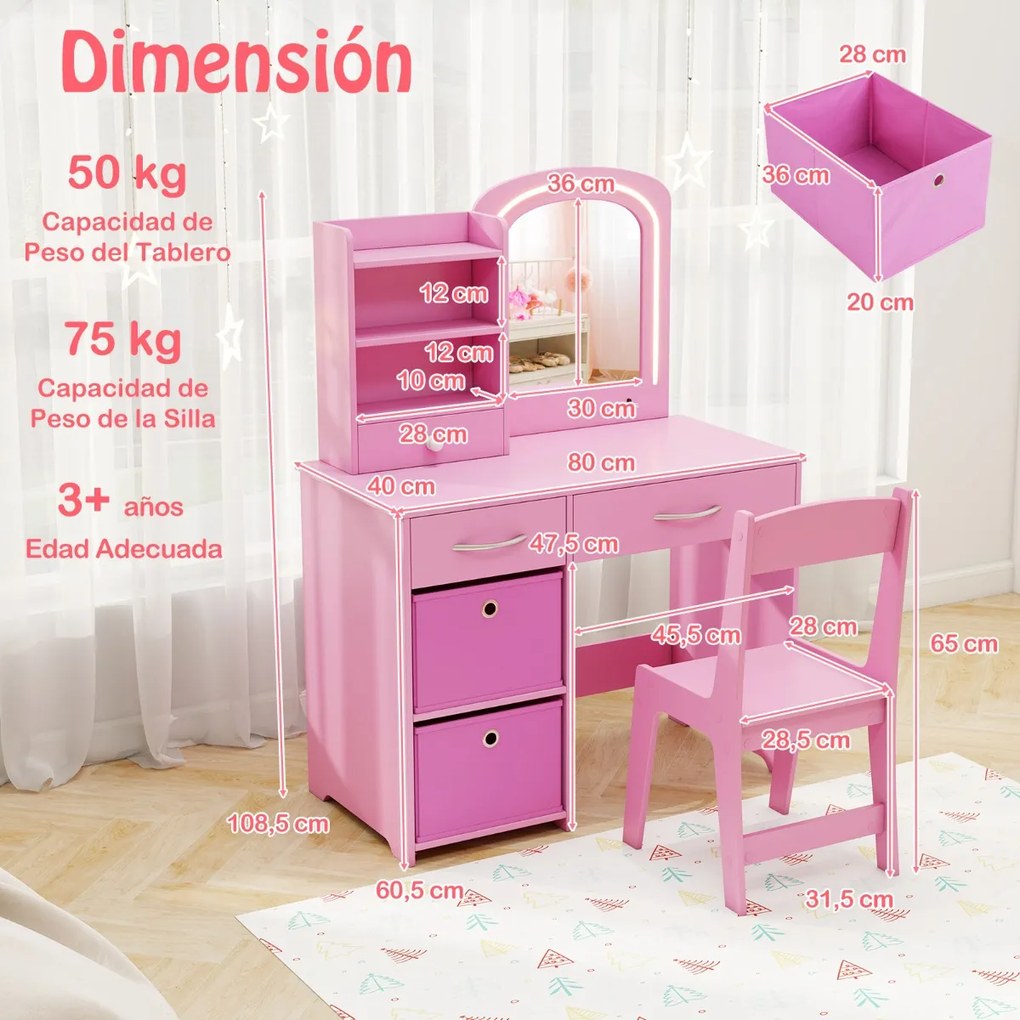 Toucador infantil com espelho iluminado e cadeira de princesa com luzes Estantes e gavetas crianças rosa