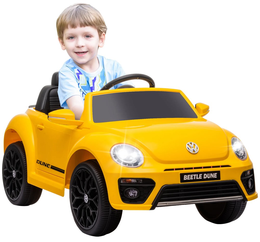 AIYAPLAY Carro Elétrico para Crianças Carro Elétrico Infantil Volkswagen Beetle com Bateria 12V Faróis Buzina e Música 97x56,5x46 cm Amarelo