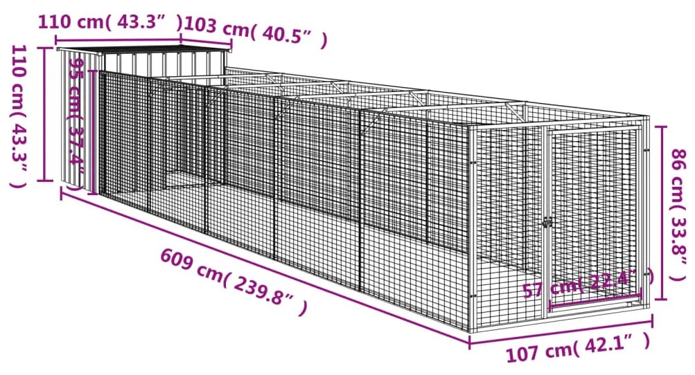 Casota cães c/ parque 110x609x110 cm aço galvaniz. cinza-claro