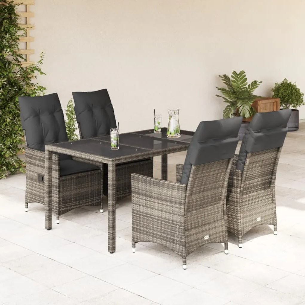 5 pcs conjunto de jantar p/ jardim c/ almofadões vime PE cinza