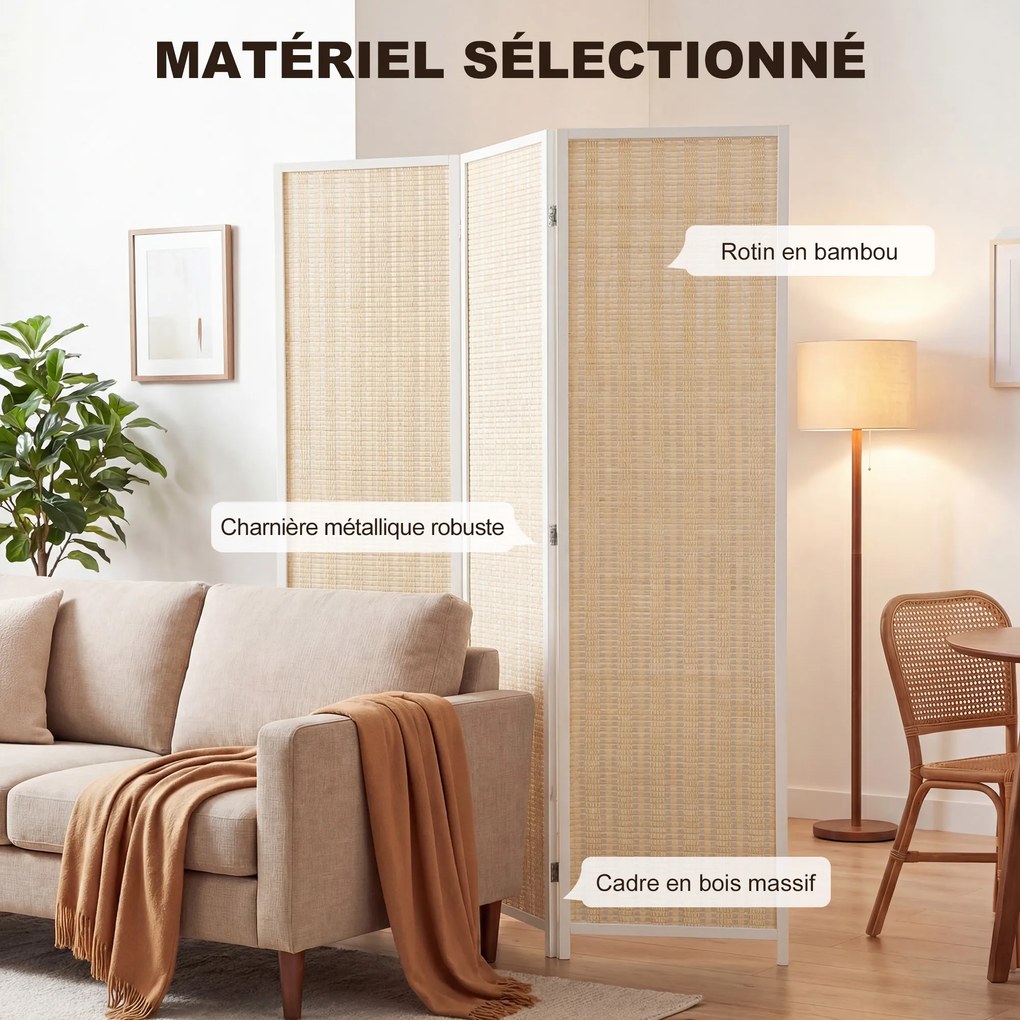 Biombo de madeira para separar divisões 135 x 180 cm, divisória dobrável de 3 painéis, branco e bege