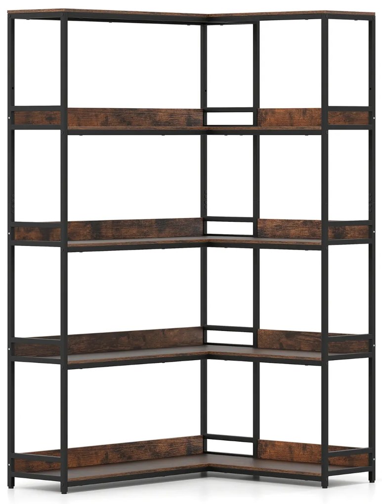 Mesa em L com prateleiras de armazenamento, mesa de canto para computador com estação de carregamento, mesa para jogos com suporte, marrom rústico