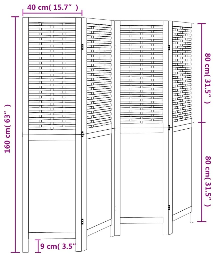 Biombo c/ 4 painéis madeira de paulownia maciça castanho-escuro