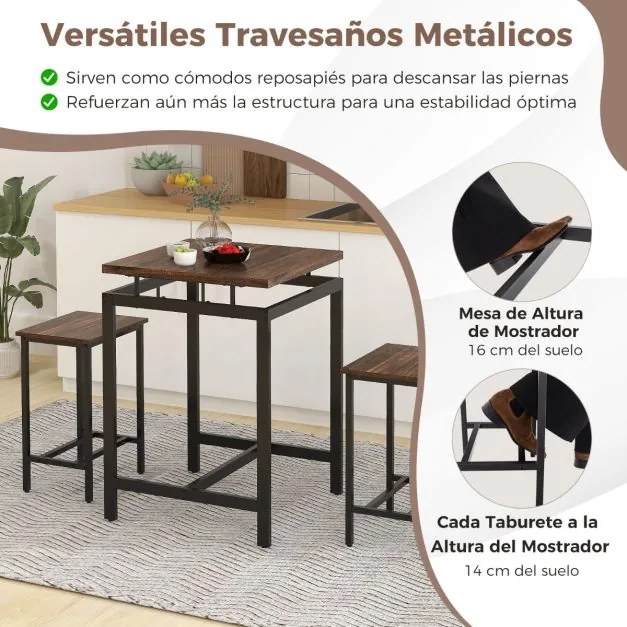 Conjunto de móveis de bar industrial de 3 peças com 2 bancos, mesa flutuante e apoio para os pés para cozinha de espaços pequenos Castanho