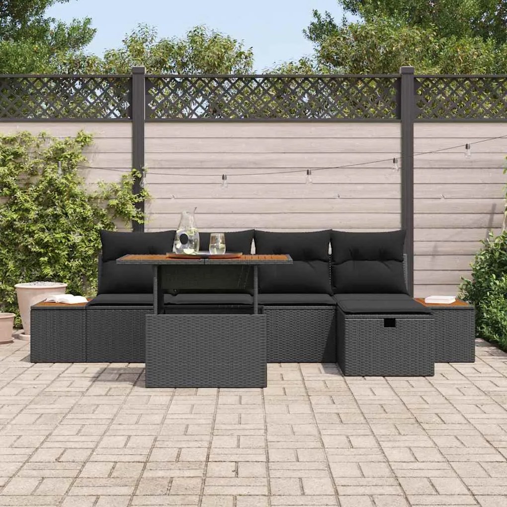 Conjunto de Sofá de Jardim 6 Peças com Almofadas de Rattan e Poliéster