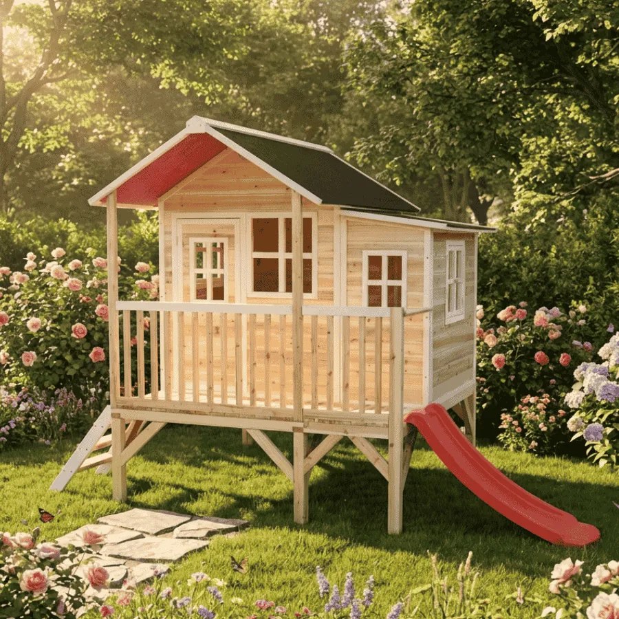 Casa de brincar infantil exterior para crianças Loft 350 em madeira com escorrega - natural