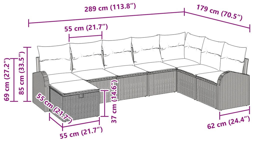 Conjunto de Sofás de Jardim de 8 Peças com Almofadas Cinzas de Rattan