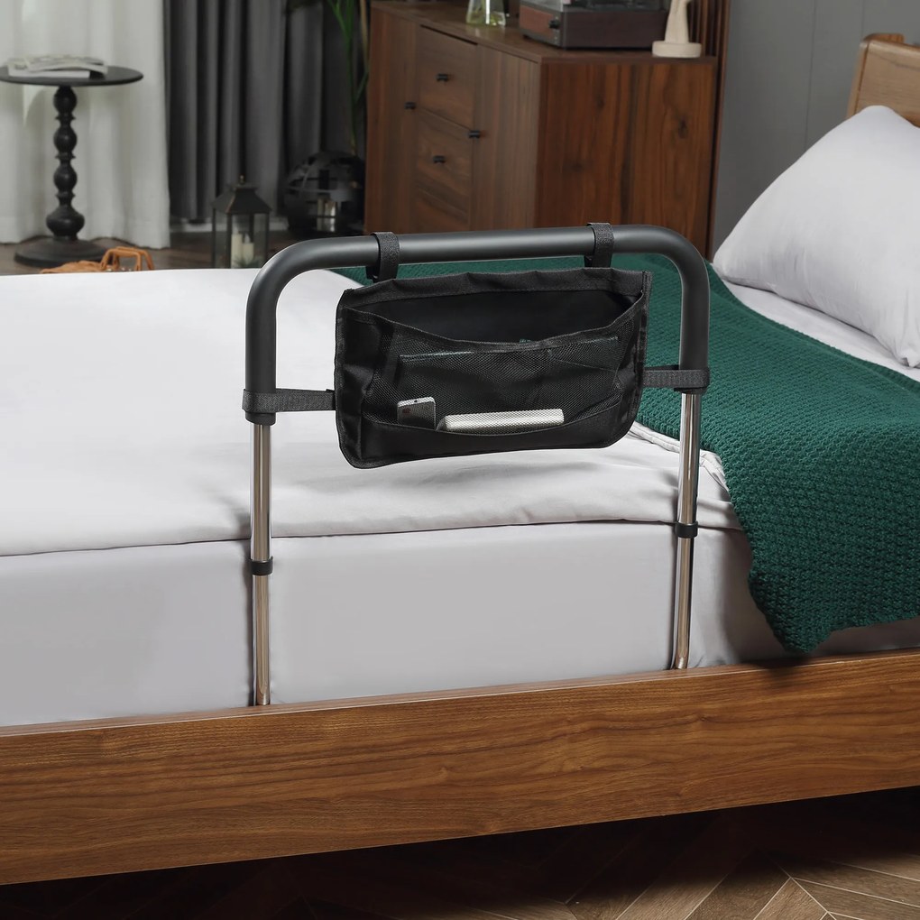 Barra de apoio para cama com barreira de segurança, proteção e pega ajustável em 5 alturas, com bolso de arrumação – 87 x 51,5 x 45-55 cm