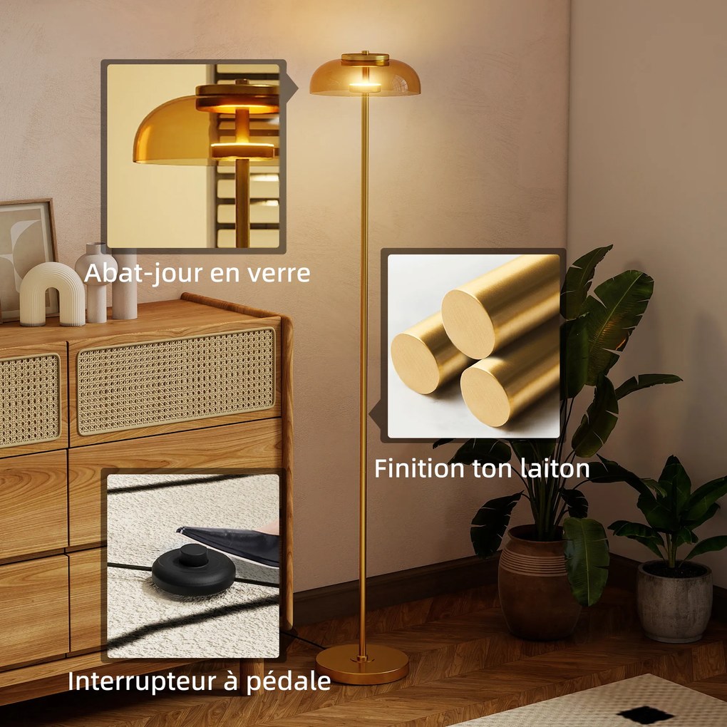 Candeeiro de pé para sala de estar Ø25x134 cm, candeeiro LED para sala de estar com luz quente de 3000 K e interruptor de pé, tom de latão