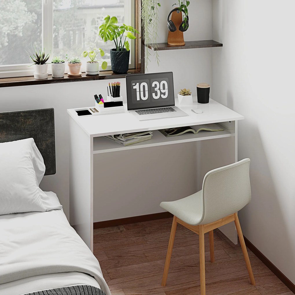 Secretária de escritório simples, elegante e compacta com 1 prateleira, em aglomerado, dim. 90 x 50 x 74 cm, lacada a branco