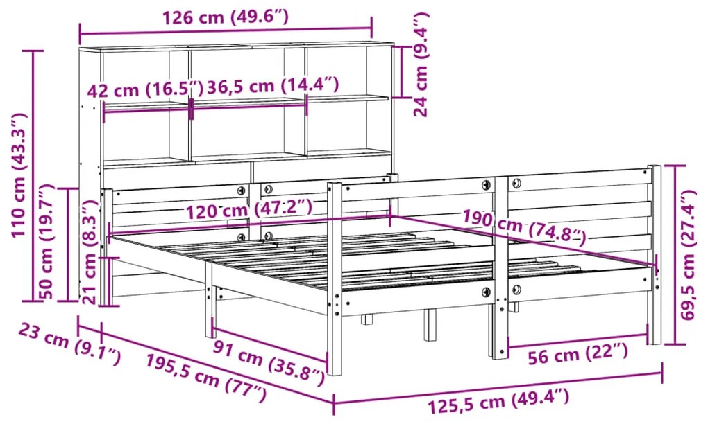 Cama com estante sem colchão 120x190 cm pinho maciço